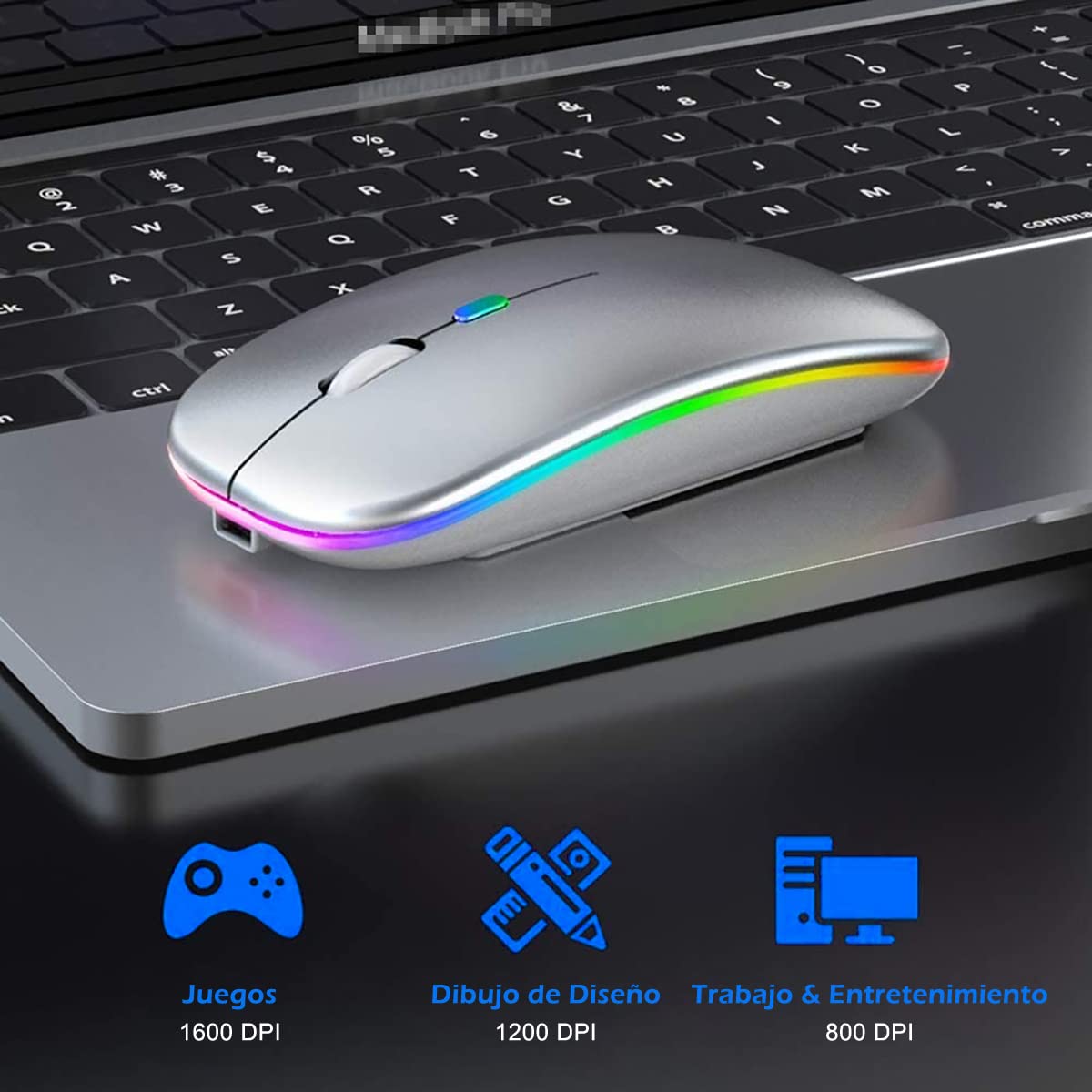 Lostrain Mouse Inalámbrico, Ratón Bluetooth Recargable con Receptor Mini USB 2.4G 1600DPI Sensor Óptico Wireless Mouse De Doble Modo Silencioso Compatible con Chromebook/Mac/Windows/Pc