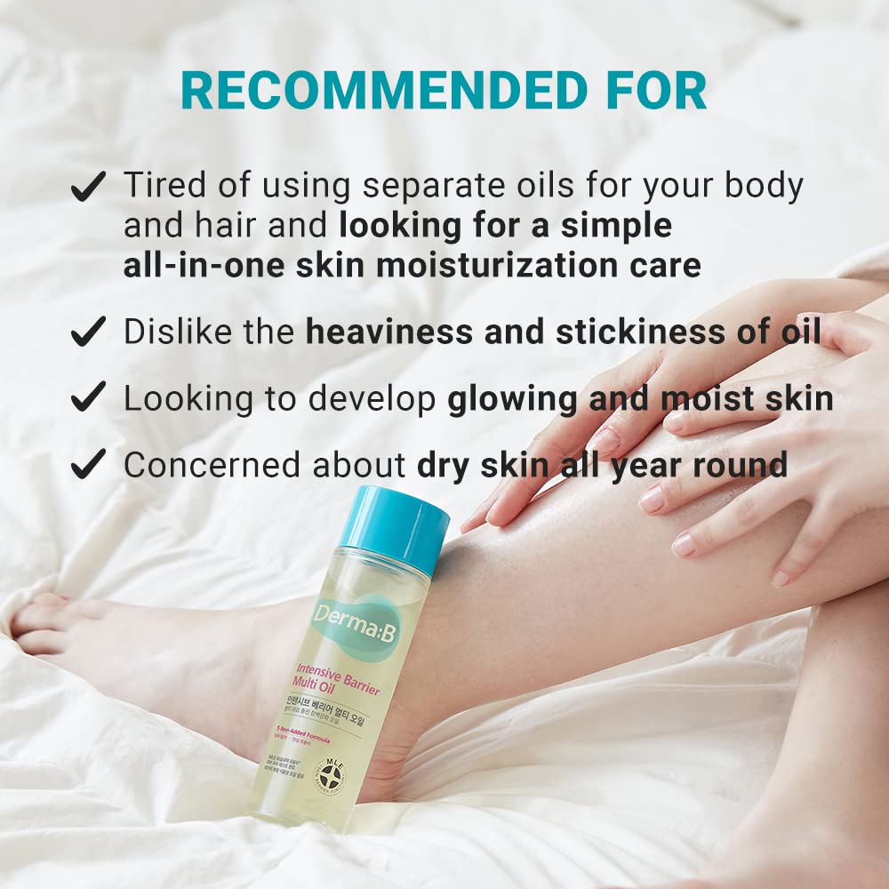 Derma B- Aceite multiusos hidratante y no pegajoso de barrera intensiva de 135 ml y 4,56 onzas líquidas para el cuerpo y el cabello