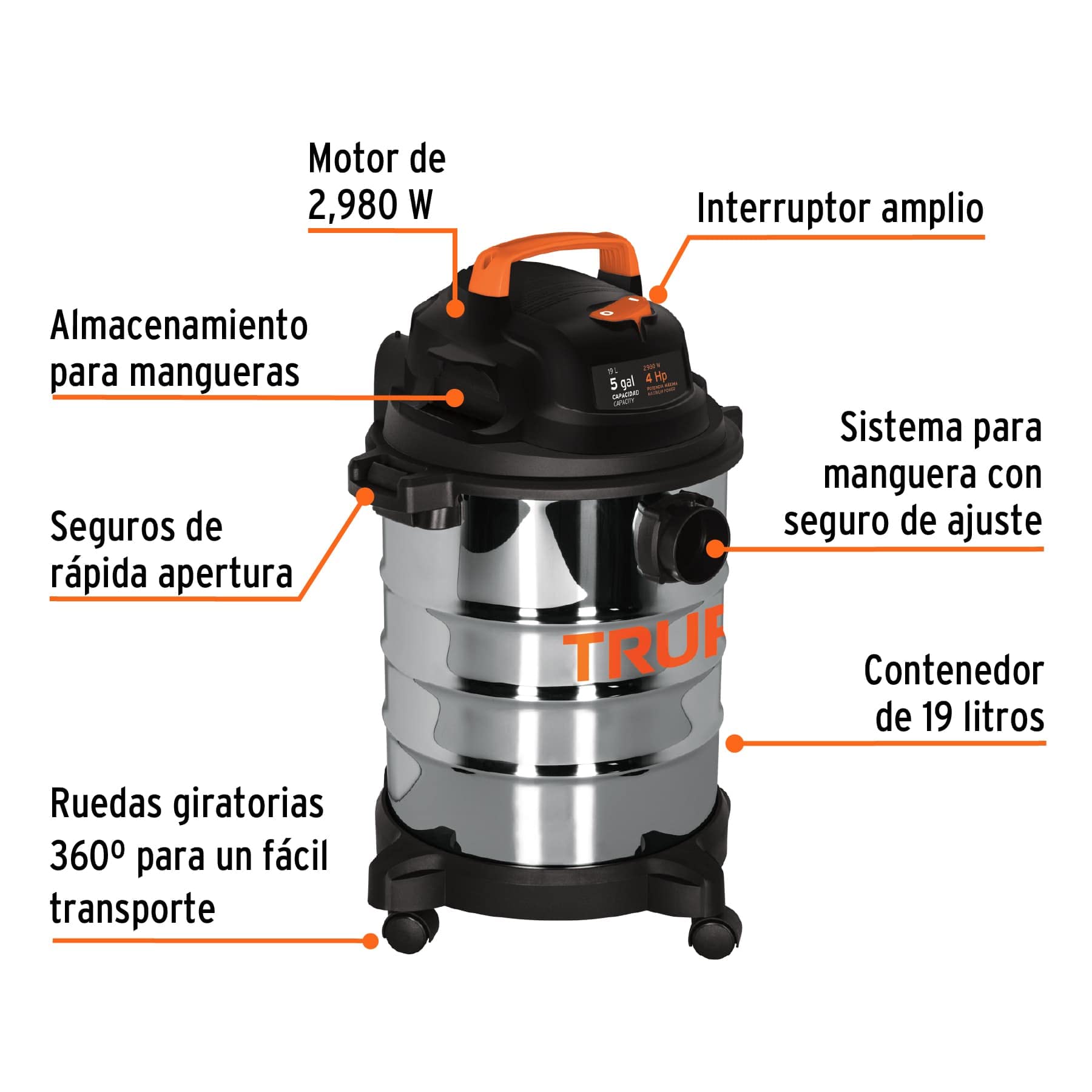 Aspiradora Truper Acero Inoxidable Sólidos y Líquidos 5 Galones