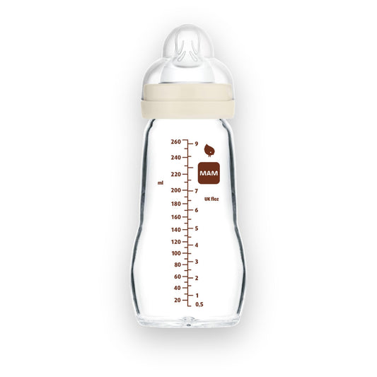MAM Feel Good - Biberones de vidrio de alta calidad, fácil cambio entre pecho y biberón, 9 onzas, 0+ meses, unisex, 1 paquete