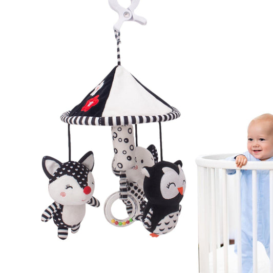 Cuna móvil – Chupete móvil en blanco y negro | Cuna portátil decoración la selva juguetes reconfortantes peluche búho elefante muñeca recámara decoración cabina Sritob