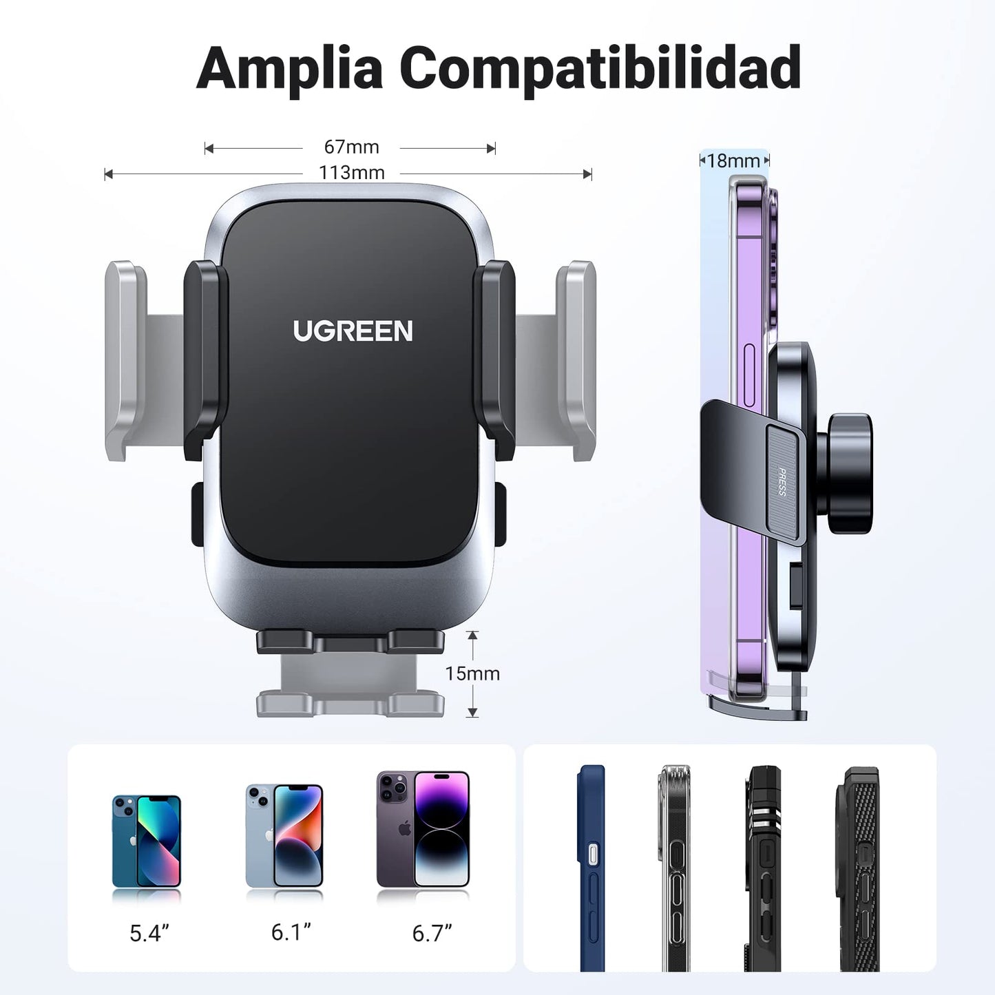Soporte Celular Automóvil UGREEN Negro Giratorio 360° para iPhone y Galaxy