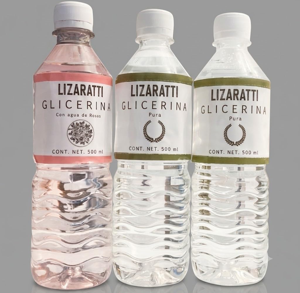 Tripack Glicerina Lizaratti 500ml (2 Naturales + 1 Agua de Rosas) – Humectante Grado Cosmético para Piel y Cabello | Ideal para Jabones Artesanales, Mascarillas y Cuidado Diario