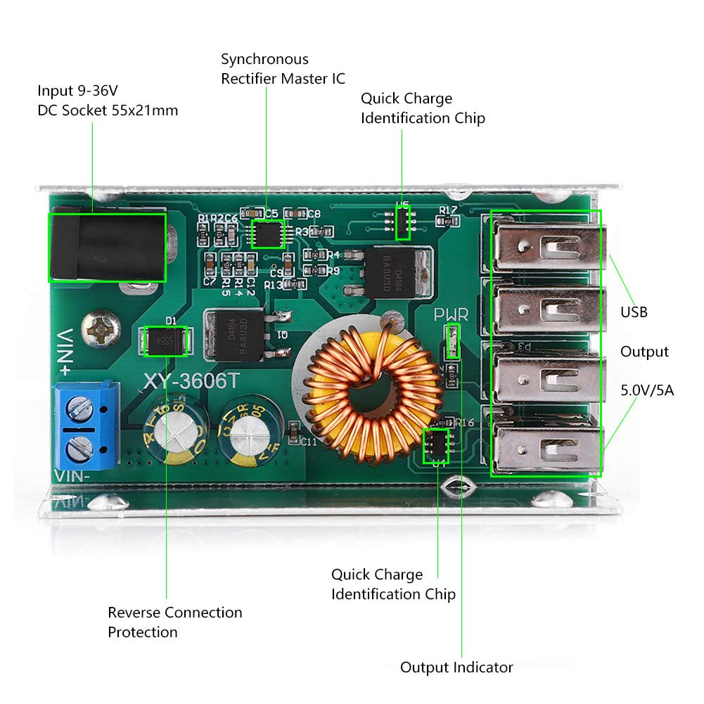 Módulo Convertidor de Voltaje de Fuente de Alimentación con 4 Salidas USB de Aluminio