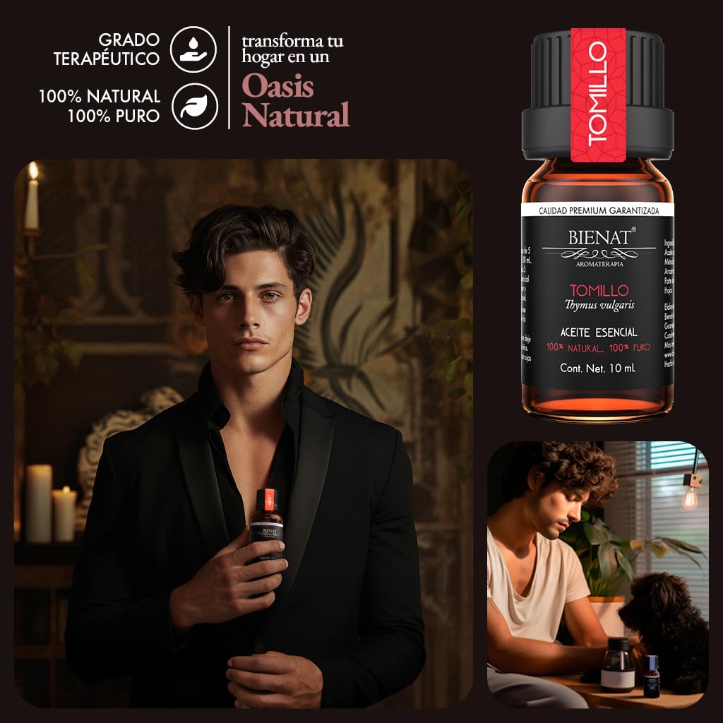 BIENAT AROMATERAPIA Aceite Esencial de Tomillo 10mL | 100% Puro y Concentrado | Ideal para Difusor de Aromas, Humidificador, Aromaterapia, Masajes, Meditación, Jabones y Velas | Esencia Natural en Gotas
