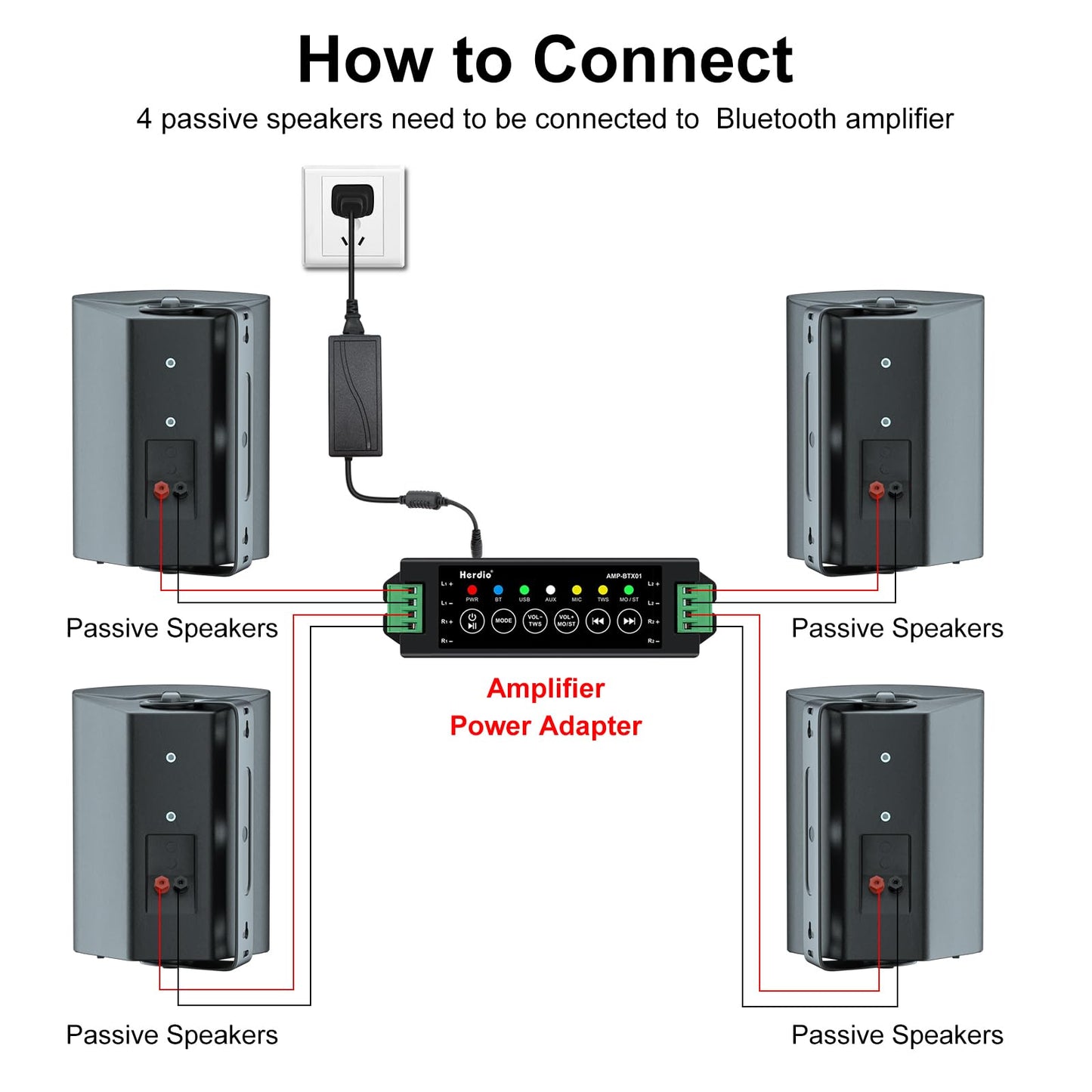 Herdio Bocinas para Exterior, 6,5 Pulgadas 800W 2 Vías Altavoces Bluetooth para Exteriores, Impermeable, Amplificador Superior, Amplia Cobertura De Sonido Estéreo, para Patio Jardín, 2Pares Negro