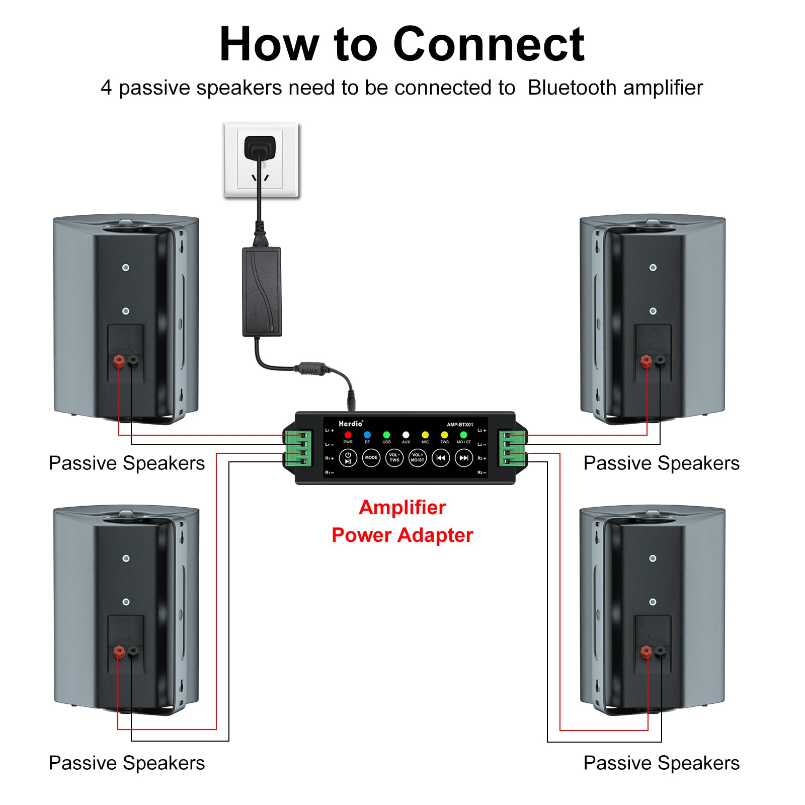 Herdio Bocinas para Exterior, 6,5 Pulgadas 800W 2 Vías Altavoces Bluetooth para Exteriores, Impermeable, Amplificador Superior, Amplia Cobertura De Sonido Estéreo, para Patio Jardín, 2Pares Negro