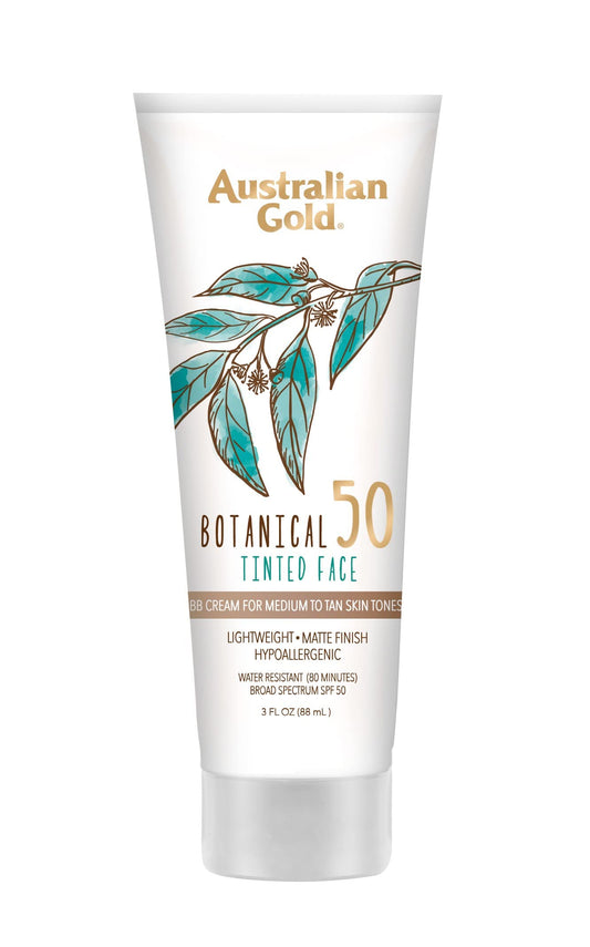 AUSTRALIAN GOLD Botanical SPF 50 Tinted Face Sunscreen Lotion - Medium to Tan 3 fl oz (89 ml) Loción Protector Solar facial con color SPF 50 de Botanical - Bronceado medio a bronceado