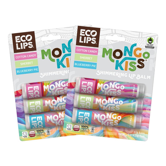 Eco Lips Bálsamos de labios brillantes Mongo Kiss (6 tubos) por Eco Lips 100 % natural con aceite orgánico Mongongo, algodón de azúcar, sherbet y arándanos para pastel, fabricados en Estados Unidos.