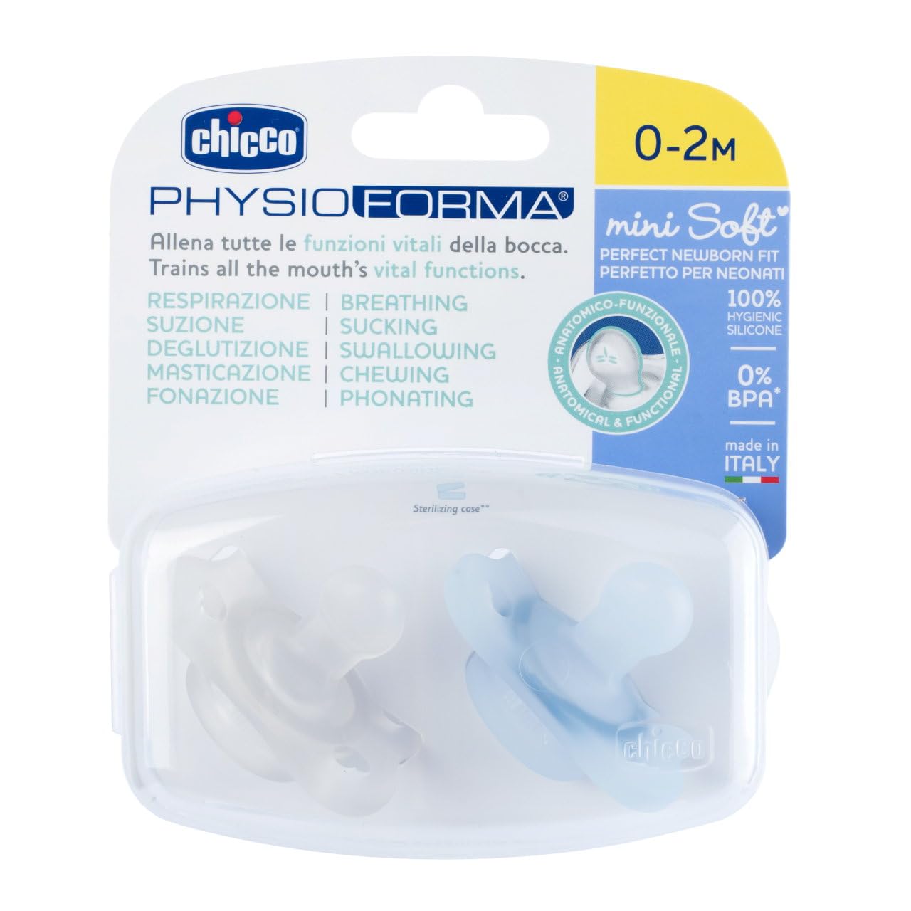 Chicco PhysioForma Chupete de Silicona 0-2 Meses, Apoyan la Respiración Fisiológica y Favorecen el Desarrollo Correcto de la Boca del Bebé, Pack 2 Piezas, Azul'