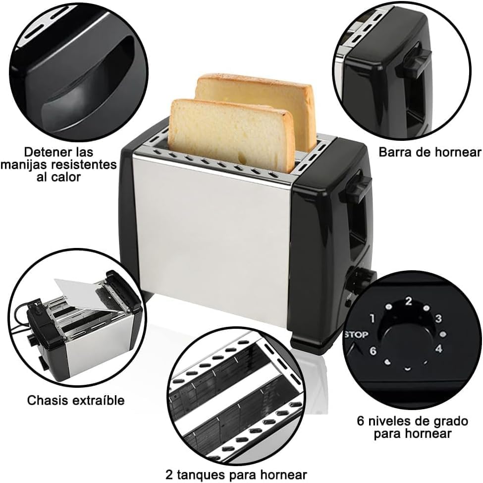 Tostador para Pan de 2 Rebanadas de Acero Inoxidable - Tostador Compacto con Tecnología de Tostado Avanzada, 6 Niveles de Tostado, Ranuras Extra Largas y Anchas, 650W (Plata)