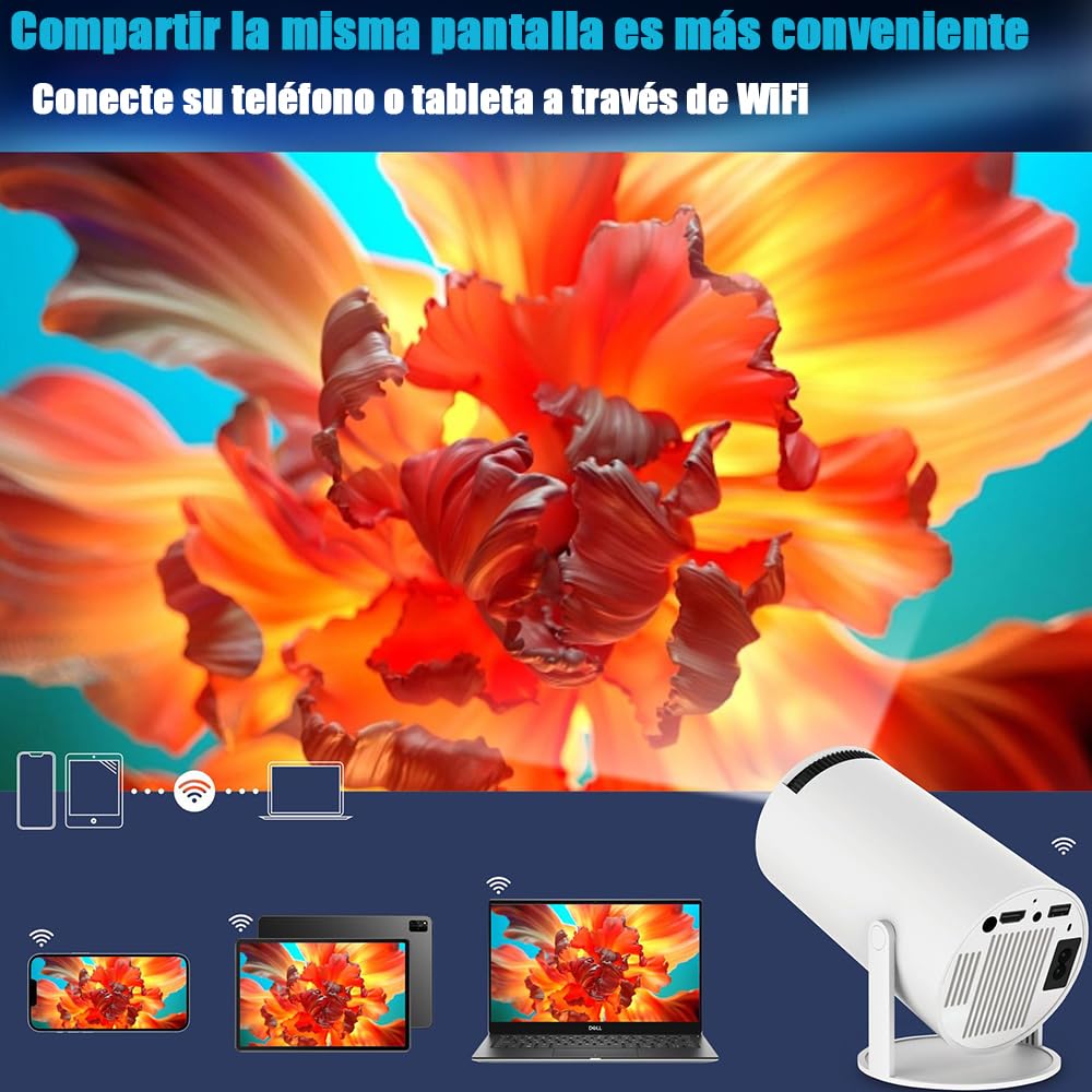 Proyector Portátil Inteligente 4K Auto Keystone Pantalla 130 Pulgadas WiFi 5G Bluetooth 5.0 Giro 180 Grados para iOS/Android PC Laptop PS5 TV NS PPT