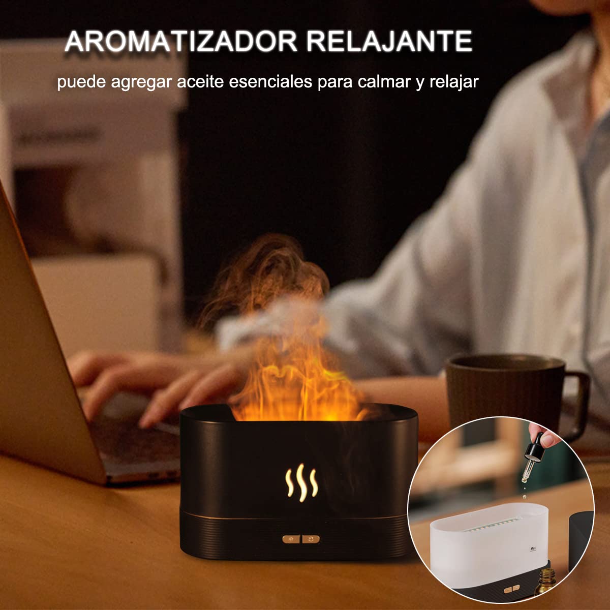 INGEQUIS Difusor de Lámpara Nocturna con Forma de Llamas, 2 Modos de Brillos Ajustables, Humidificación Silenciosa de 180ml, Lámpara Nocturna Decorativa (Negro-Cálido)