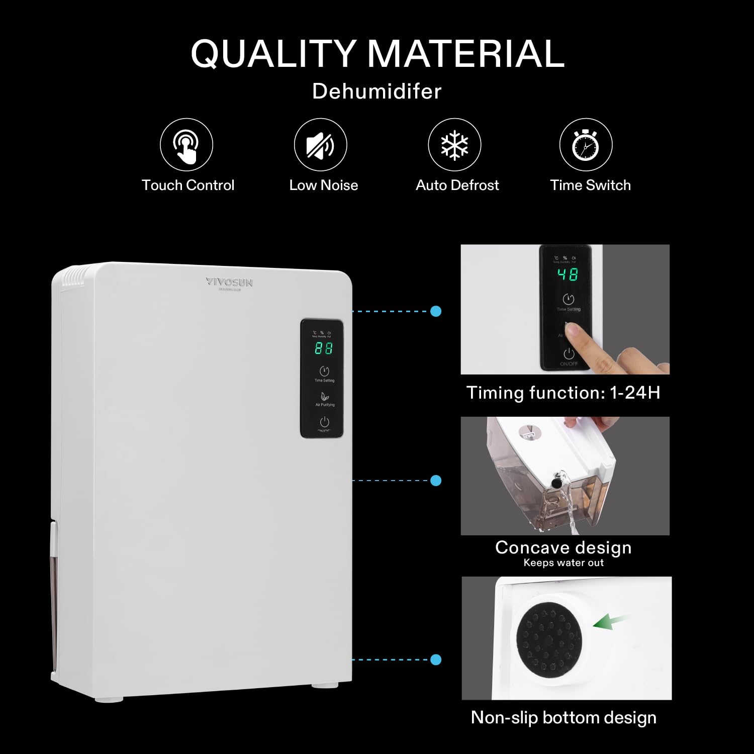 Deshumidificador Eléctrico VIVOSUN Blanco Ultra Silencioso con Temporizador y Tanque 2200 ml para Sótano o Armarios