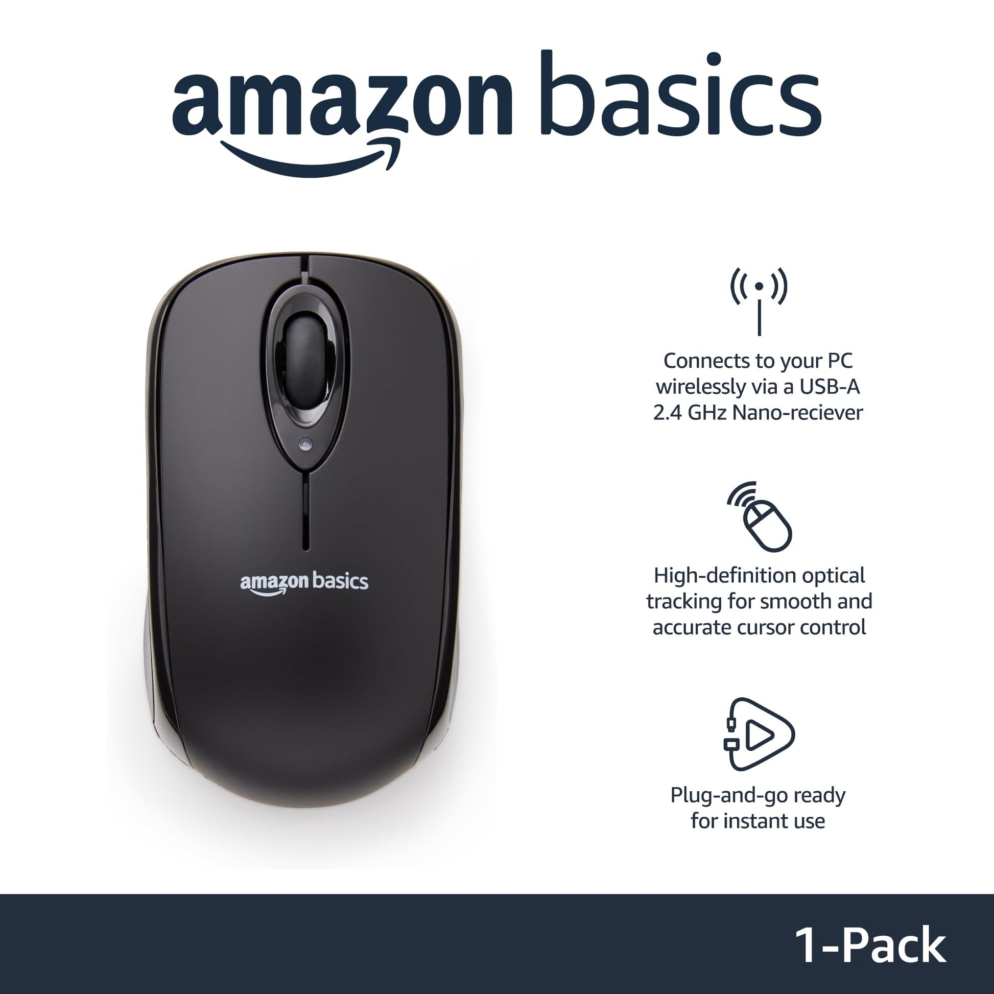 Mouse Óptico Inalámbrico Amazon Basics Negro con Receptor Nano USB de 2,4 GHz para Computadora