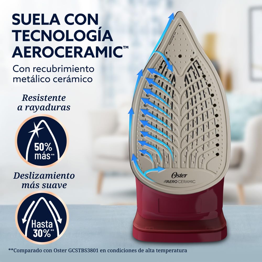 Oster Plancha de Vapor, AeroGlide S7200, con Golpe de Vapor 180 g/min, Recubrimiento Metálico Cerámico, Suela con más Cobertura, Tecnología Aeroceramic, Antigoteo, Rojo, GCSTAC7201-013