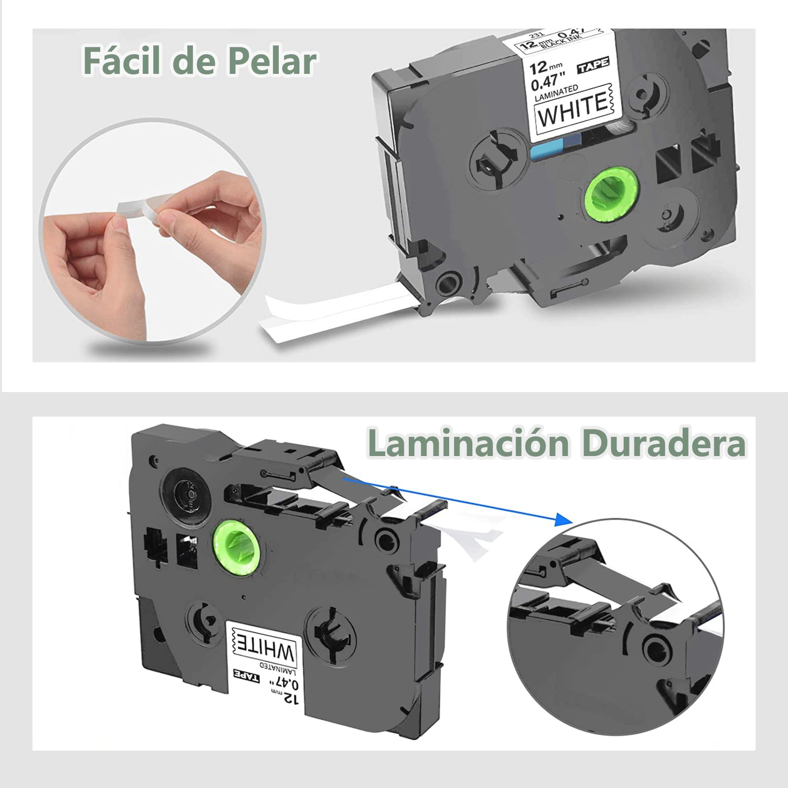 Cinta de Etiquetas para Brother P Touch Label Tape TZe-231 TZ-231 Cinta Laminada Estándar para PT-D200 PT-D210 PT-H110 PT-D600 Label Makers - 0.47" x 26.2"(12 mm x 8 m), Negro sobre Blanco, 4pk
