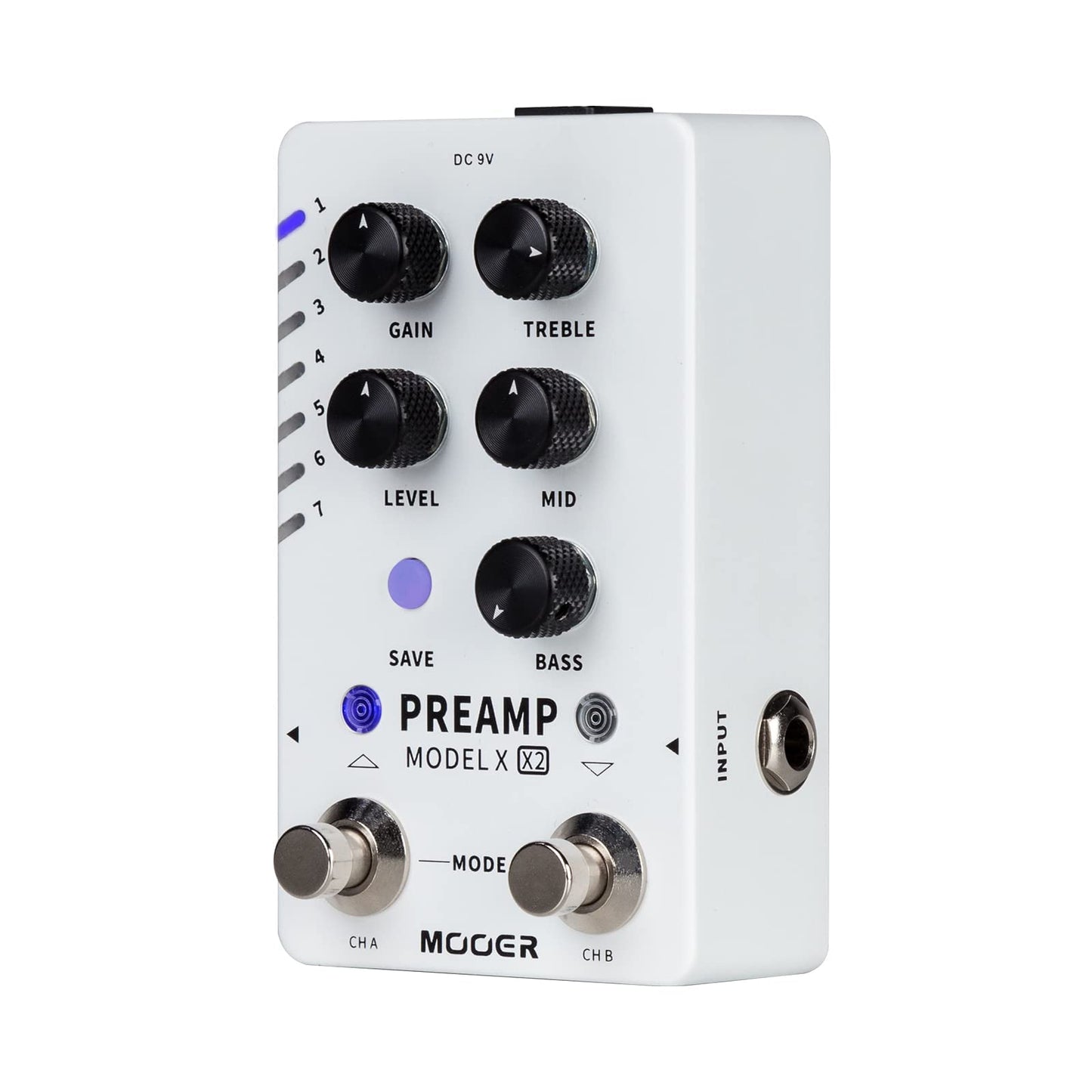 Pedal de Preamplificador MOOER Preamp Model X Negro con Doble Canal y 14 Ranuras Preestablecidas para Hombre