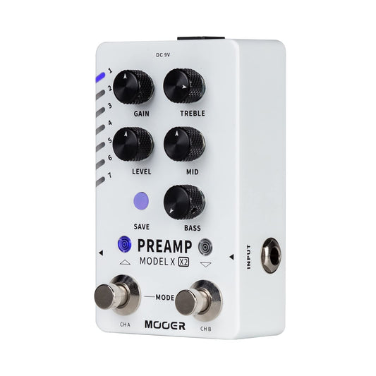 Pedal de Preamplificador MOOER Preamp Model X Negro con Doble Canal y 14 Ranuras Preestablecidas para Hombre