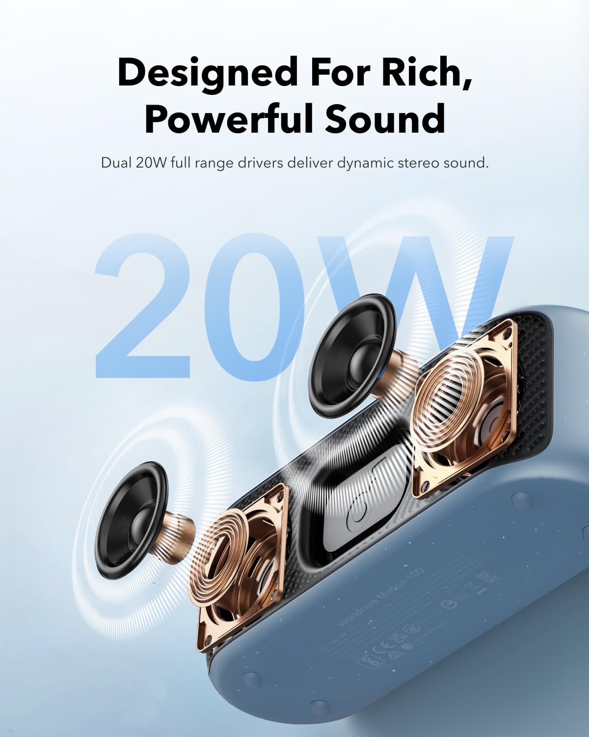 Soundcore by Anker Motion100 Bocinas Portátiles Bluetooth Hi-Res, Controladores de Rango Completo, Graves Impactantes, Ecualizador Personalizable, IPX7, Ideal para Exteriores