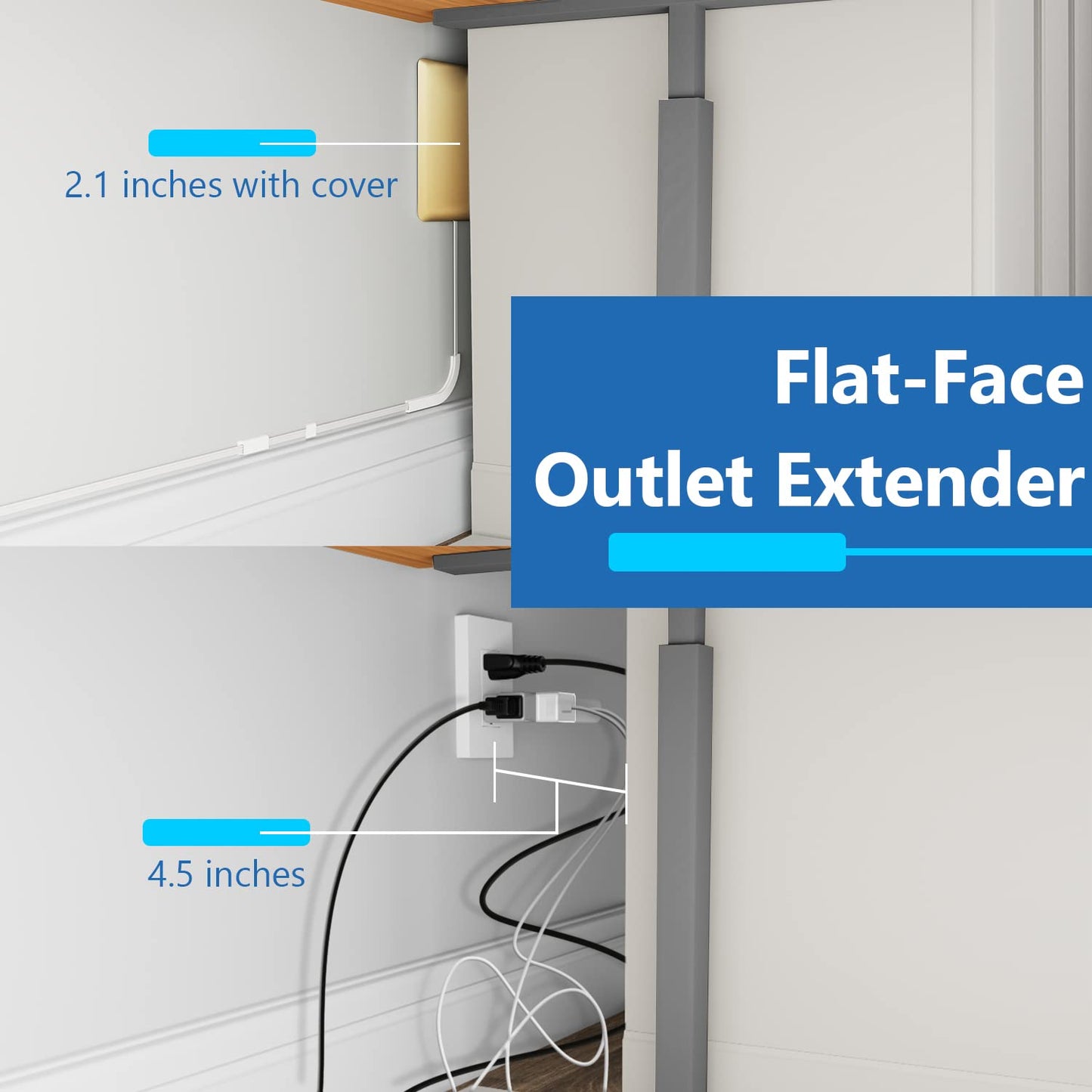 LIDER Extensor de Tomacorriente de Cara Plana con 3 Receptáculos, Enchufe de Placa de Pared Ultra Delgado con Extensor de Cable y Regleta de 3 Tomas, Cable de 3 pies, LWE3-315-GD, Certificado ETL