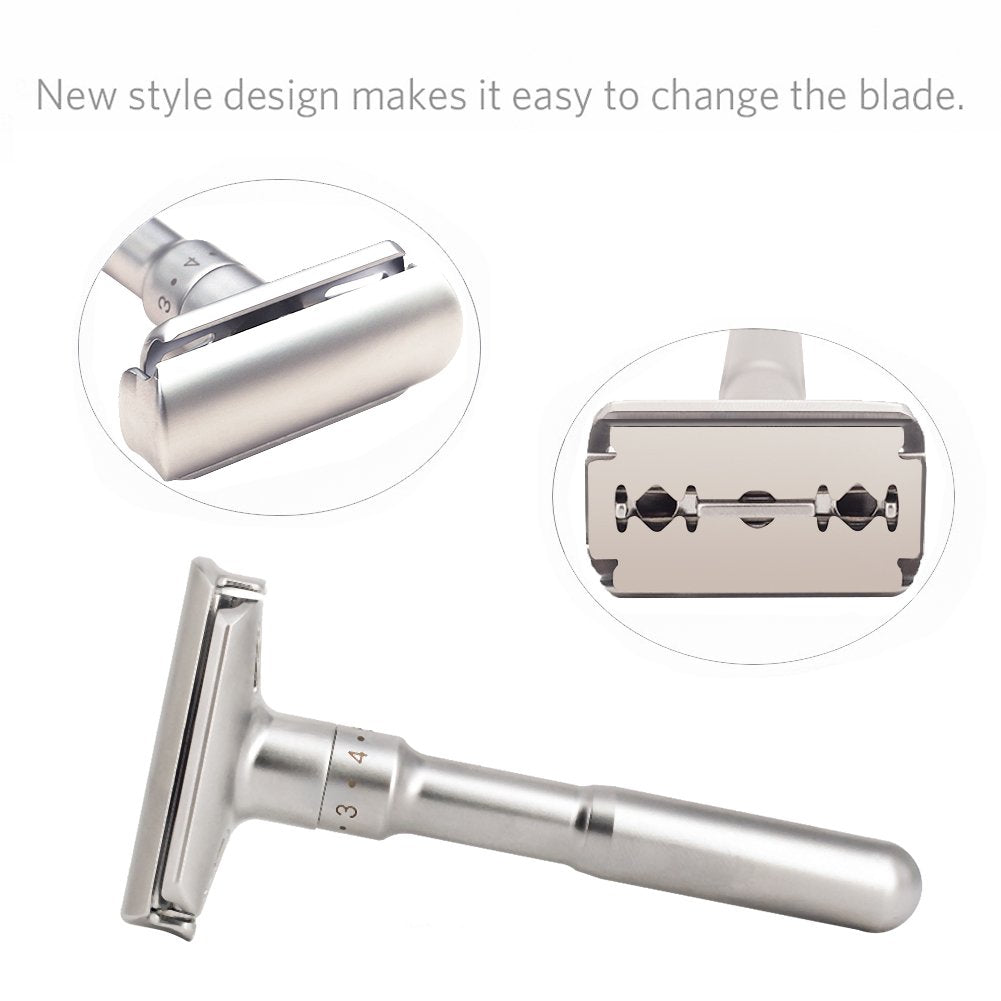 Safety Shaving Razor Set, River Lake RZ700 Long Handle Stainless Adjustable Double Edge Classic Safety Shaver Razor (1 Razor, 1 Stand, 1 Leather Protective Sleeve & 10pcs DORCO blades)
