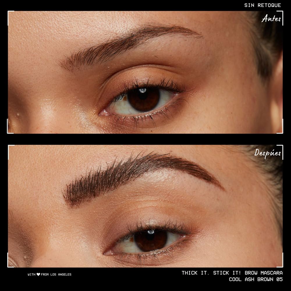NYX Professional Makeup, Thick It Stick It! Gel de cejas con color, 7ml. Tono: Black. Mascara de cejas con microfibras que rellena, da volumen y fija las cejas hasta por 16 horas. Fórmula vegana.