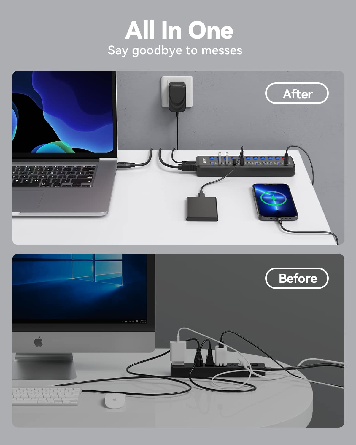Concentrador USB Wenter Alimentación LED 11 Puertos Transferencia Rápida y Carga Inteligente