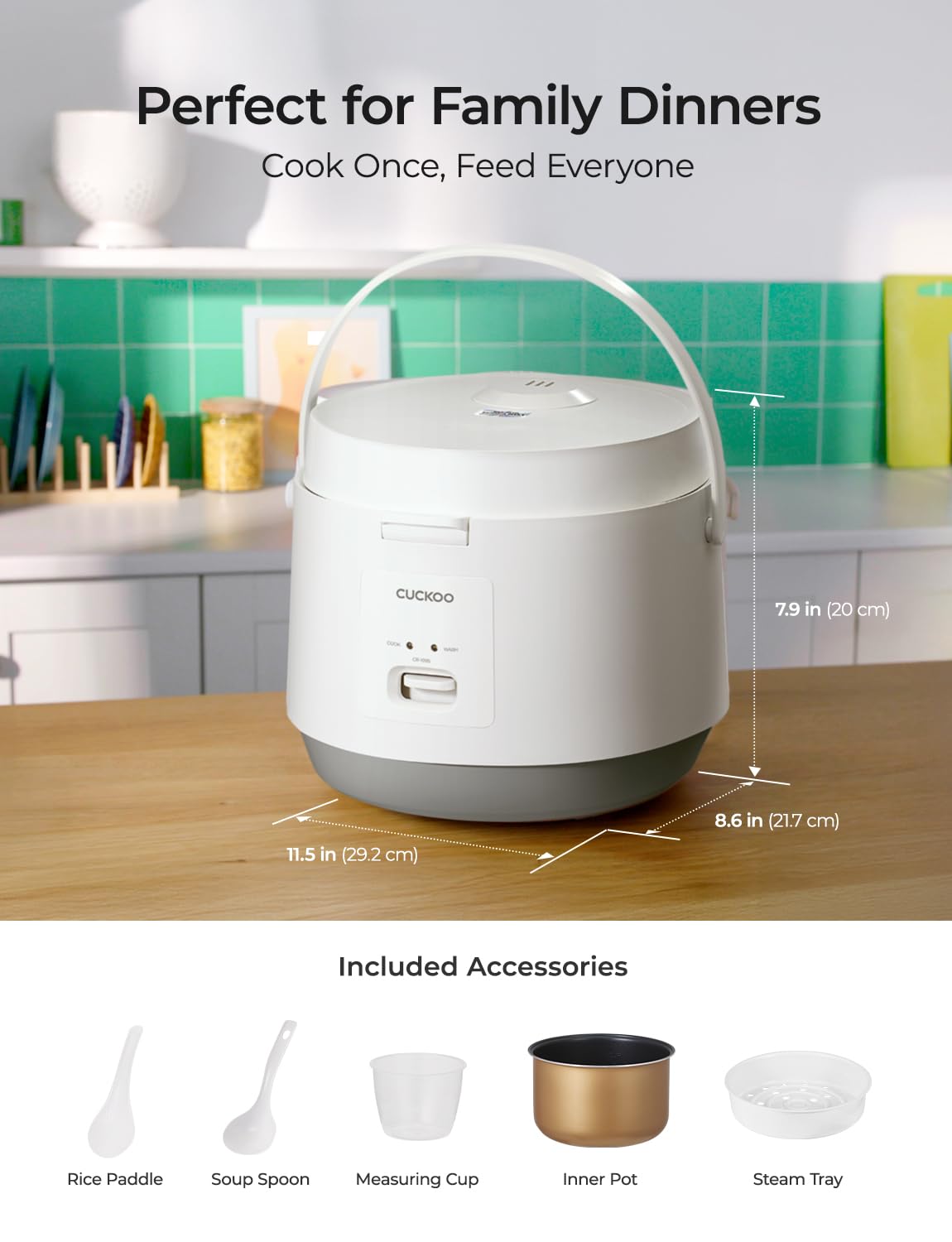 CUCKOO CR-1095 10 tazas (sin cocinar) / 20 tazas (cocidas) Arrocera básica y calentador con olla interior antiadherente, prensa de interruptor (blanco)