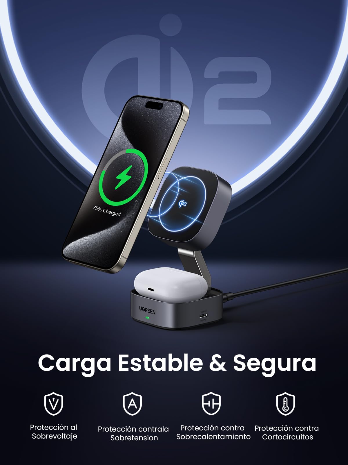 UGREEN Qi215W Cargador Inalámbrico Plegable Magnética 2 en 1, Soporte de Carga Rápida Compatible con Magsafe iPhone 16/15/14/13/12/Plus/Pro/Pro MAX, AirPods, Cable de 1M
