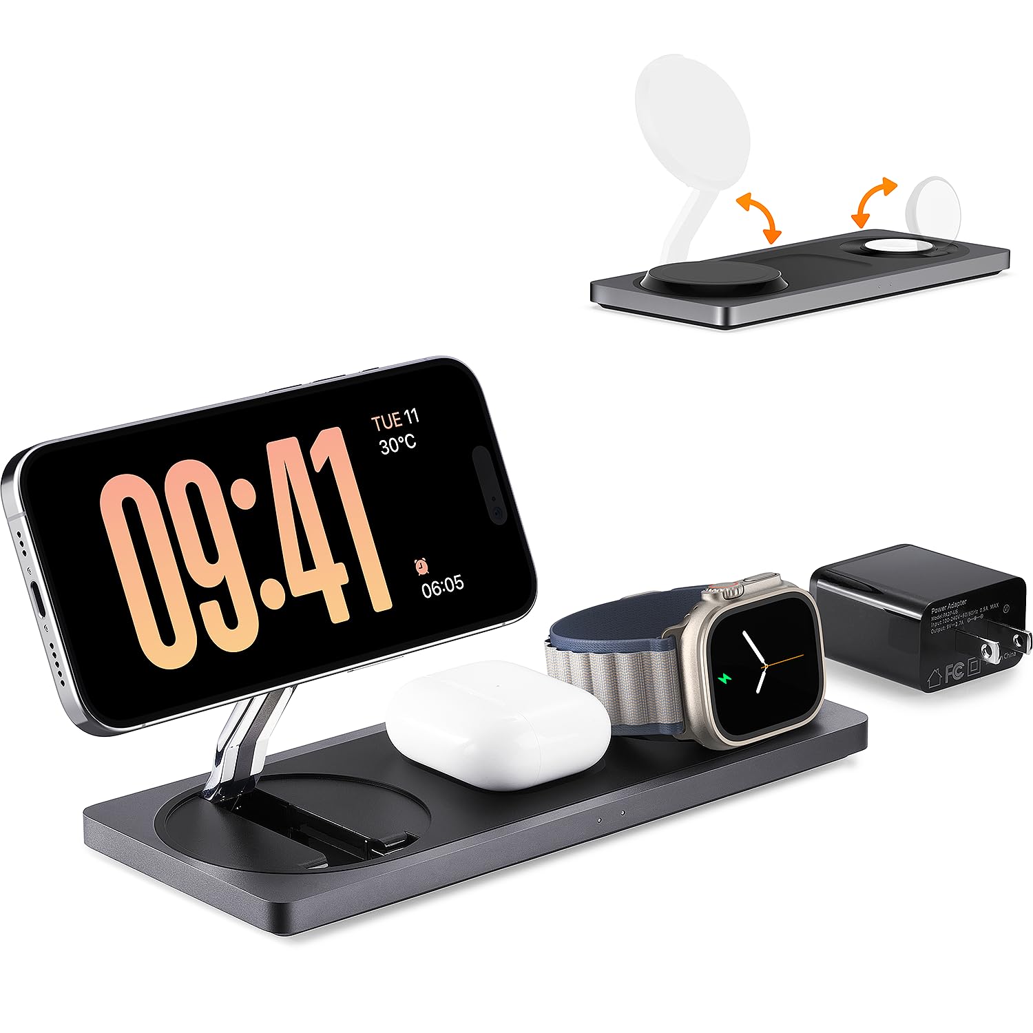 Base de Carga Inalámbrica PETINO Negra 3 en 1 para iPhone, Apple Watch y AirPods