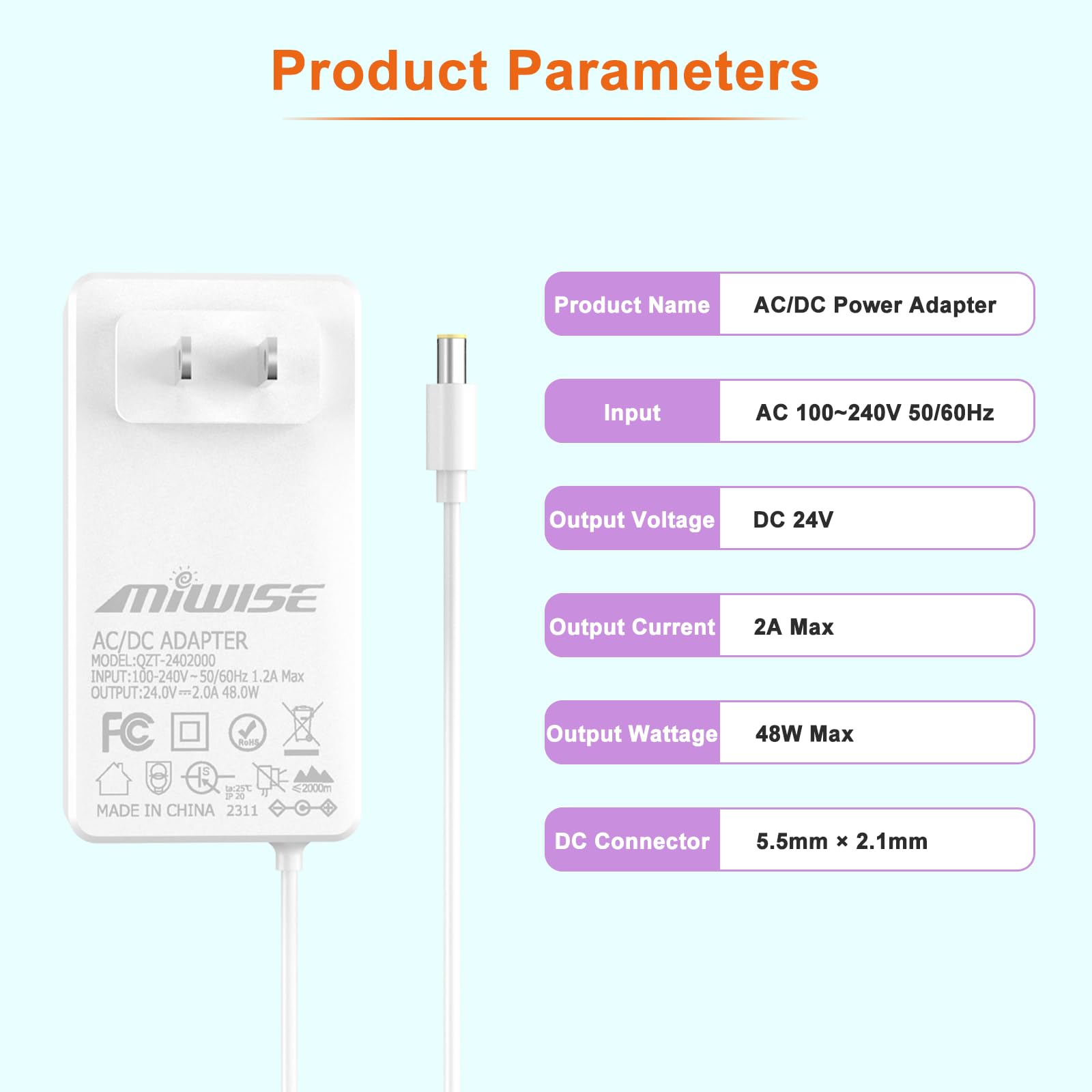 Adaptador de Fuente de Alimentación DC24 2A 48W MIWISE Blanco Convertidor AC a DC para COB LED Strip y Cámara CCTV Enchufe de EE. UU.