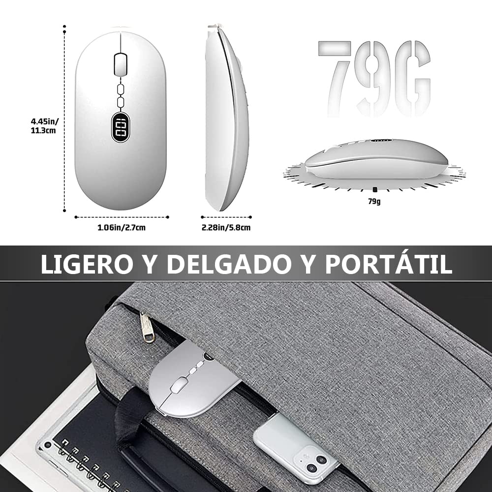 Free wolf X1 Mouse Inalámbrico con Pantalla de Batería, Wireless óptico Recargable 2.4 G Ergonómico Silencioso Click 800/1200/1600 Ajustable dpi Ratón para Computadora,Portátil,PC,Mac (Plata)