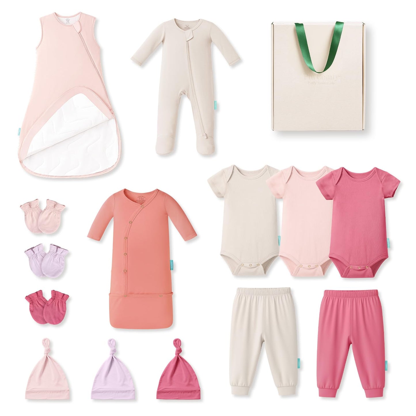 PurComfy - Juego de regalo de ropa de bambú para recién nacidos, juego de canastas suaves con saco de dormir, ropa esencial para bebé niña, Colección Amelia, 3-6 Meses