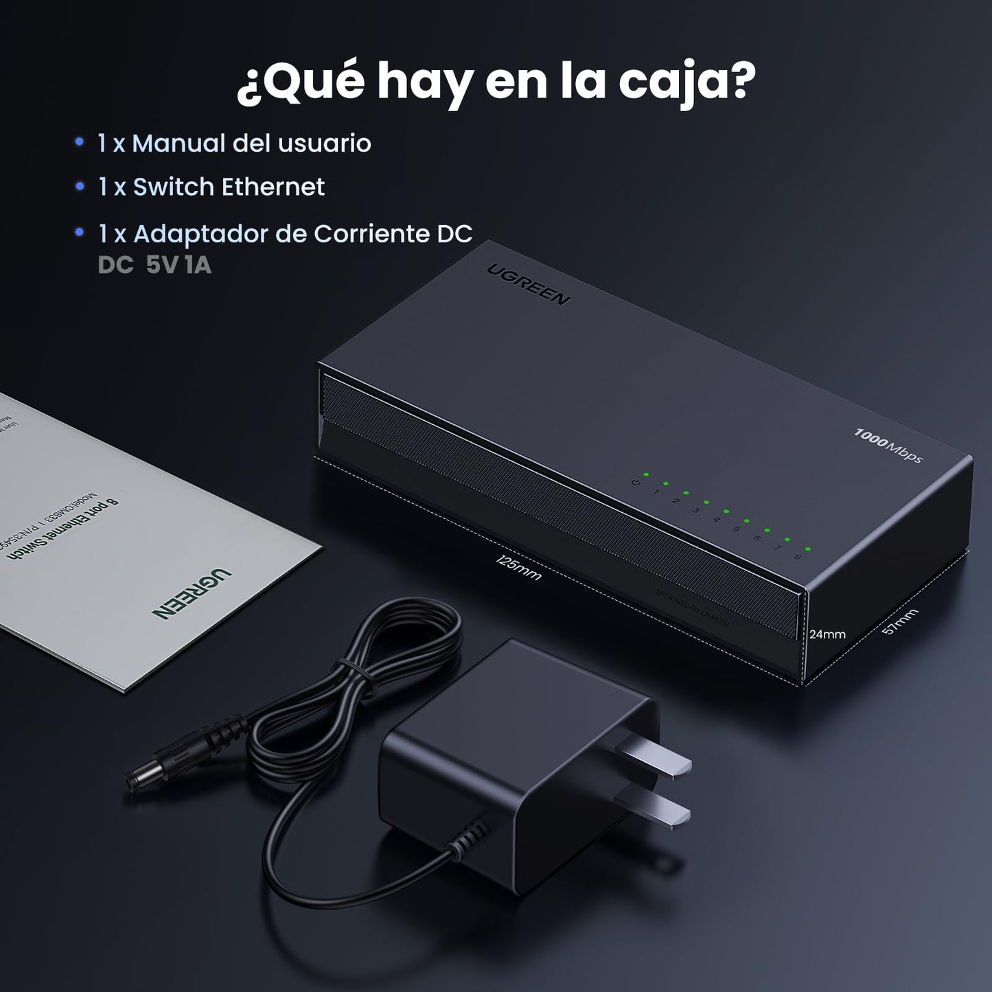 UGREEN Conmutador Gigabit Ethernet, Divisor Ethernet de 8 Puertos, Concentrador Ethernet Gigabit de Alta Velocidad, Conmutador LAN Plug & Play para TV/Lapto