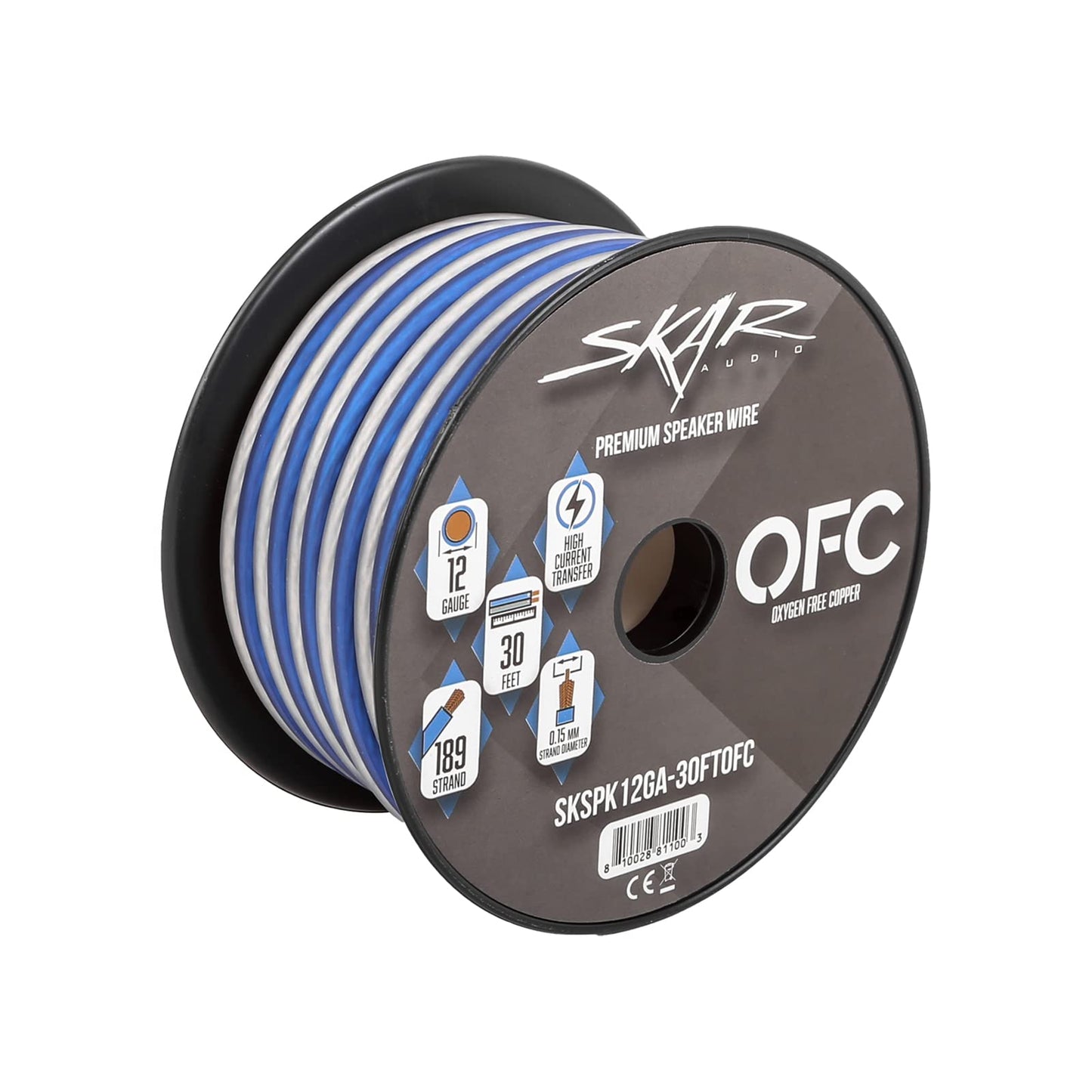 Skar Audio - Cable de altavoz de audio de cobre de calibre 12 (AWG) Elite sin oxígeno, 30 pies (azul/blanco)