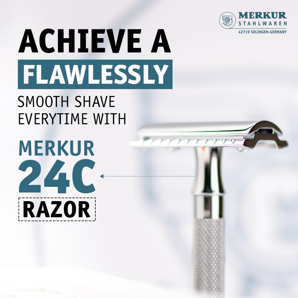 MERKUR Maquinilla de afeitar 24C para mujer con 10 cuchillas de doble filo | mango extralargo | maquinilla de afeitar de tres piezas | corte recto | acabado cromado brillante | fabricado en Alemania
