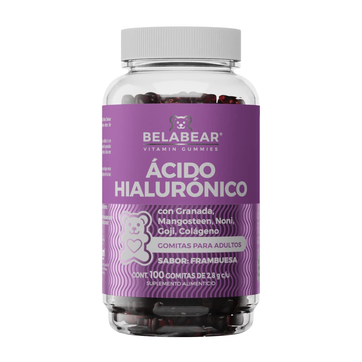 Belabear Ácido Hialurónico - Sabor Frambuesa - Granada, Mangosteen, Noni, Goji, Colágeno - 100 Gomitas