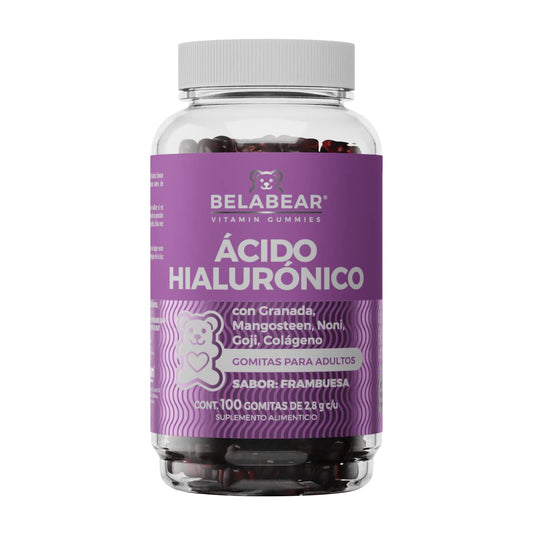 Belabear Ácido Hialurónico - Sabor Frambuesa - Granada, Mangosteen, Noni, Goji, Colágeno - 100 Gomitas
