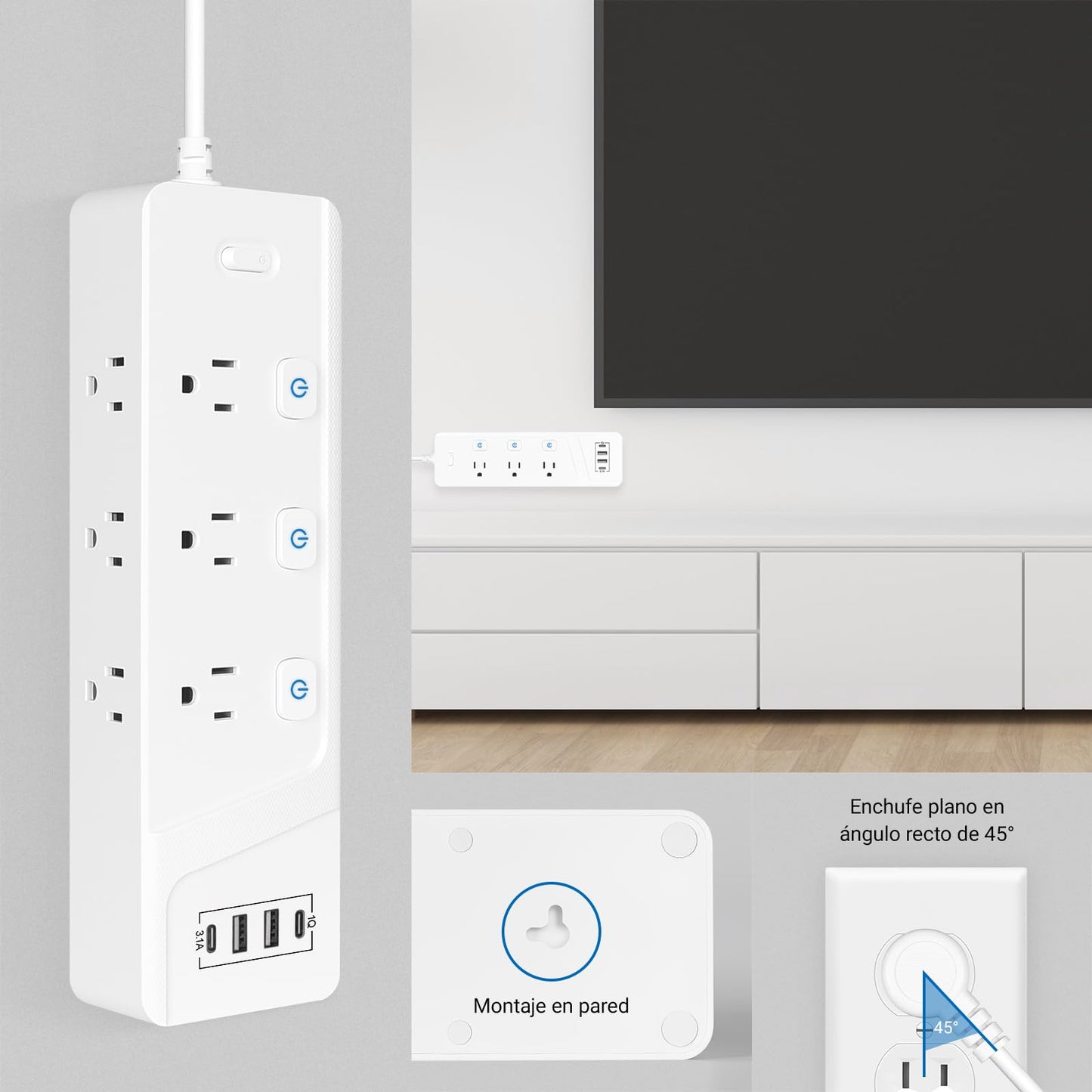 FAYCUCHO Regleta de Escritorio Multicontacto, 6 Tomas de Ca y 4 USB (2 USB-C), Cable de Extensión Delgado Plano de 1.8 m, Montaje en el Borde del Escritorio, Excelente para Oficina y Hogar