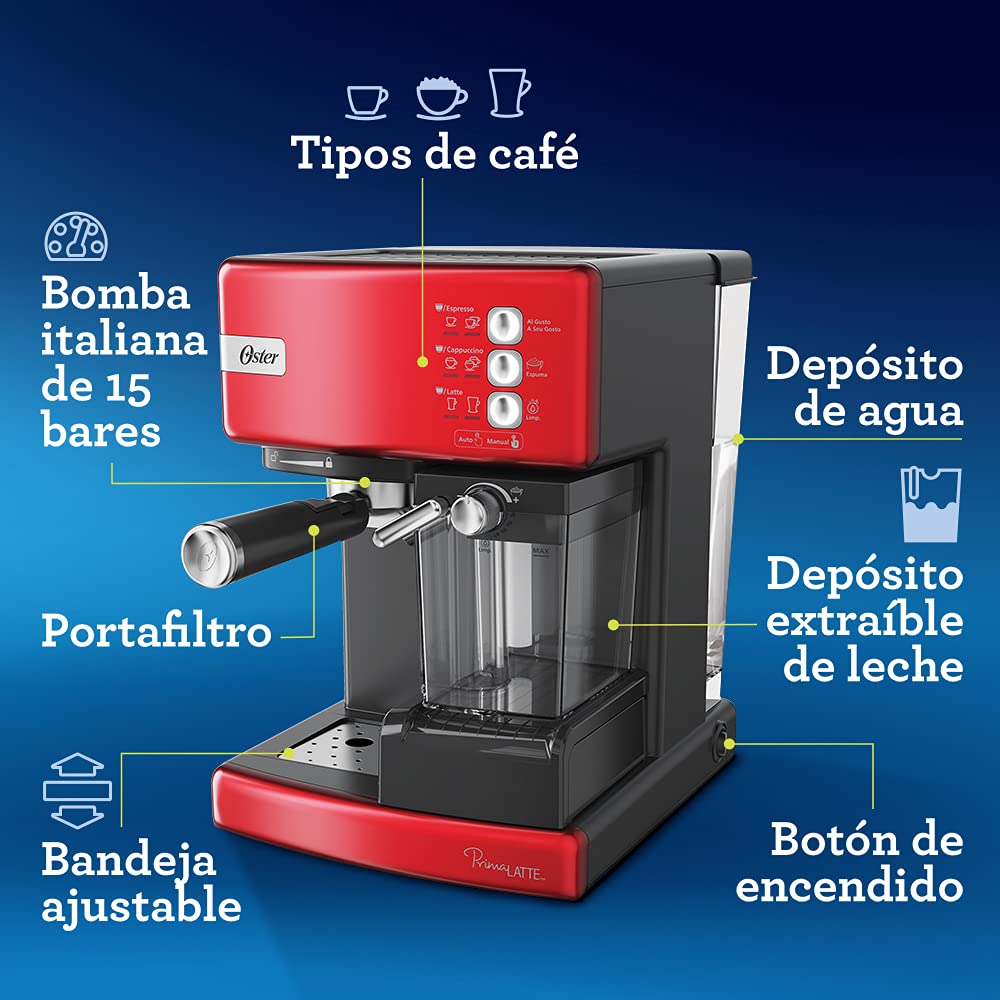 Cafetera Automática de Espresso Oster Roja PrimaLatte BVSTEM6603R
