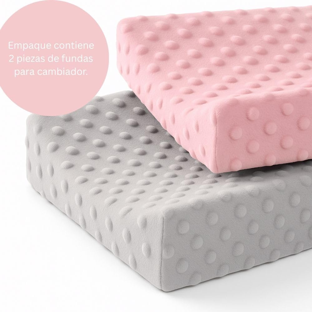 KidLuna Funda para Cambiador, Cálida y Suave al tacto, 100% Algodón Acolchado, 2 Piezas, Transpirable, Lavable a Máquina. (Rosa Gris)