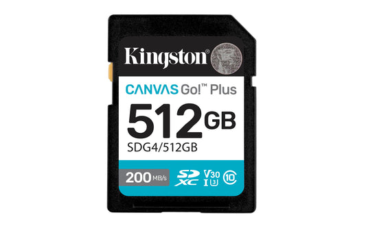Kingston Tarjeta De Memoria SD, Canvas Go Plus Gen4, Capacidad: 512GB, 4K, Clase 10, UHS-I, U3, V30, Lectura: 200MB/s y Escritura: 160MB/s, SKU: SDG4/512GB