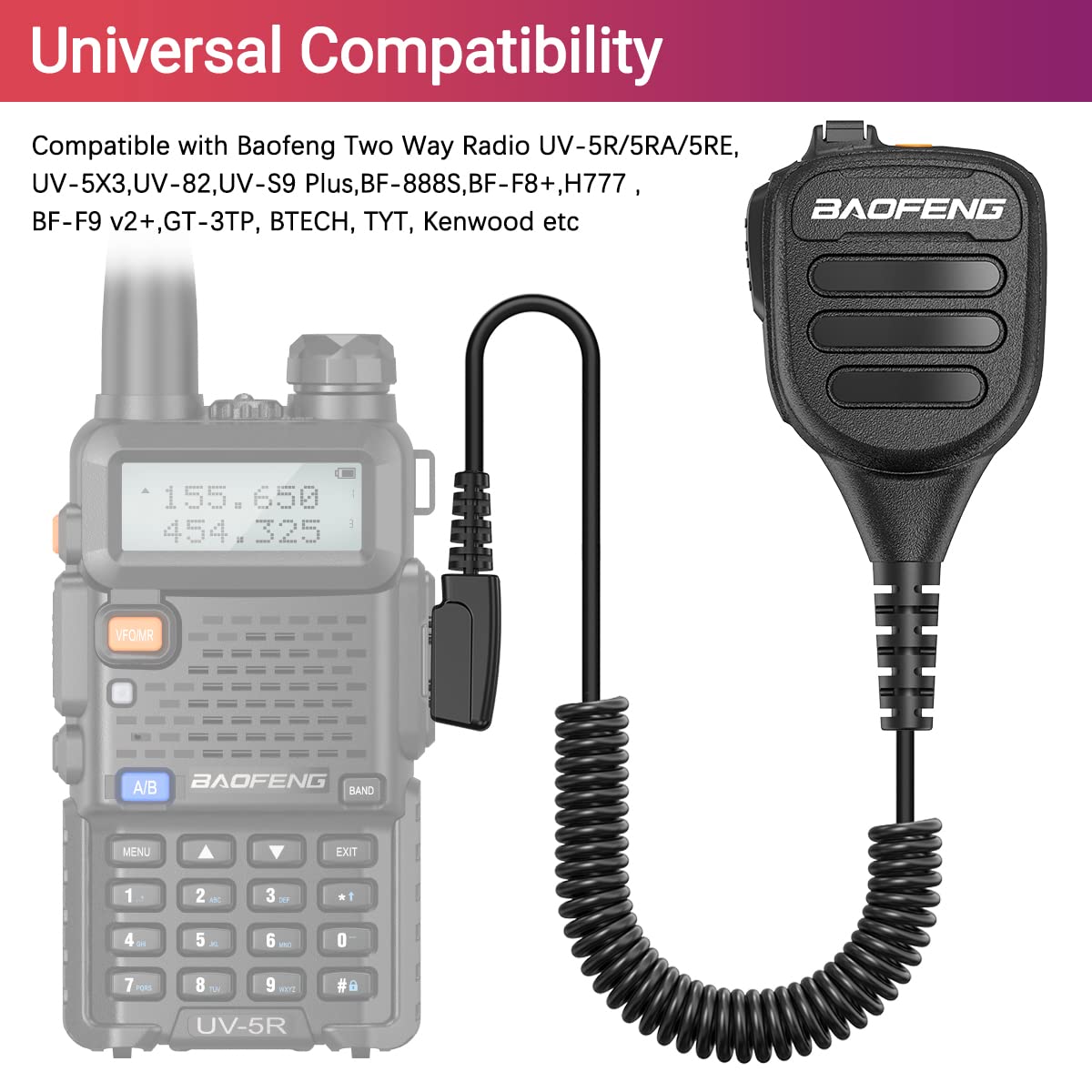 BAOFENG Micrófono de mano pesado BF-850 Ham Radio Mic IP54 Impermeable Volumen Ajustable Altavoz Micrófono para UV-5R BF-F8HP PRO AR-5RM UV-21R UV-32 para Kenwood Retevis Walkie Talkies