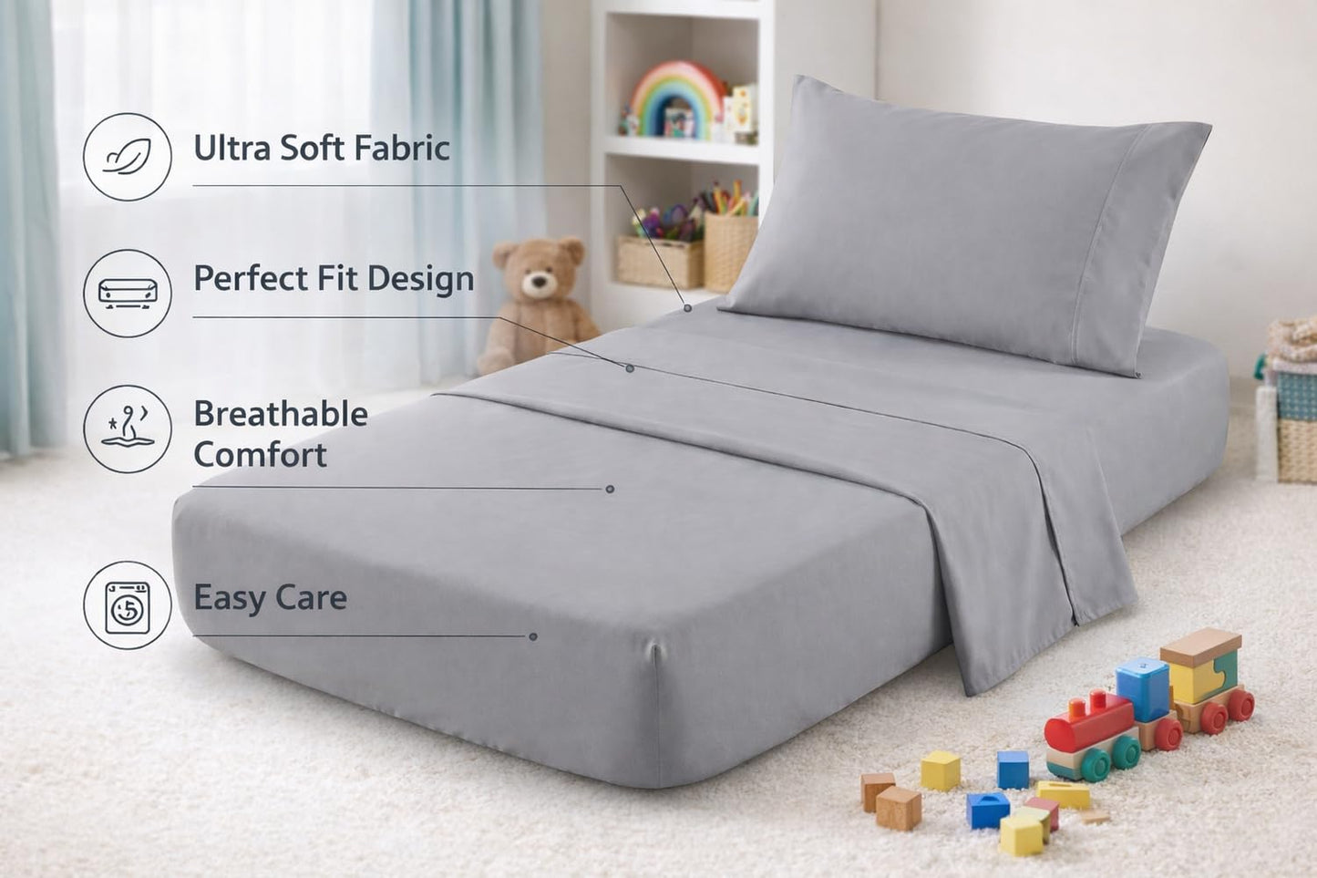 EVERYDAY KIDS - Juego de sábanas de 3 piezas para niños, ropa de cama de microfibra suave y transpirable, incluye una sábana encimera, una sábana bajera ajustable y una funda de almohada, color gris