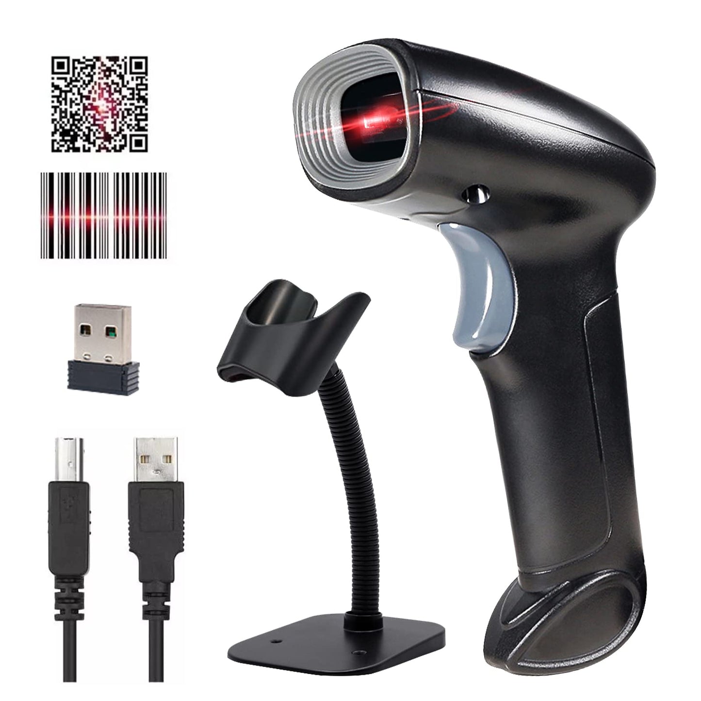 Escáner de Código de Barras Inalámbrico y Alámbrico con USB para Puntos de Venta con Soporte