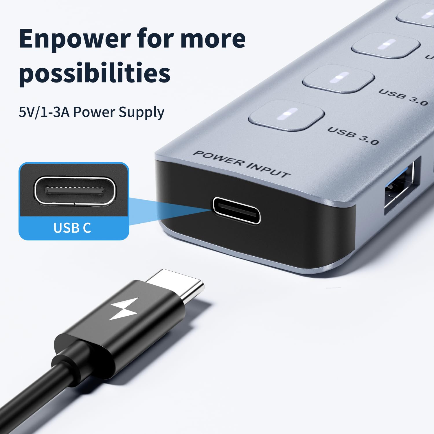 JESWO Hub USB 3.0, 7 Puertos Adaptador USB de Aluminio con LED e Interruptores, Cable de Extensión de 1m, Multi USB para PC, Portátil, Macbook Pro etc.