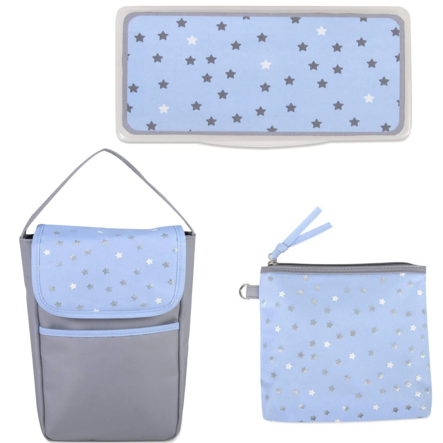 Bolsa de pañales de 5 piezas con sol, luna y estrellas, bolsillo para toallitas, bolsa para pañales sucia, cambiador (gris/azul)