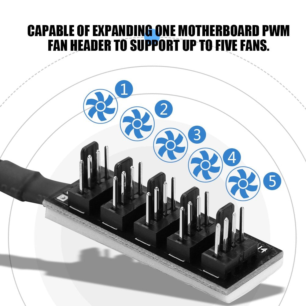 Ventilador de Refrigeración Yosoo Negro Splitter Hub Adaptador Trenzado para CPU Fans 4-Pin PWM 5-Port PC