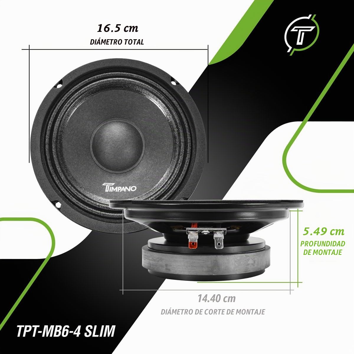 Altavoz de Coche Timpano Negro de 6.5 Pulgadas 600 Vatios Perfil Delgado 4 Ohmios PRO Midbass Audio para Puertas